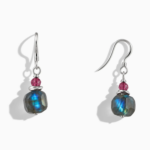 925 Sterling Silver Freeform Pink Tourmaline & Labradorite Dangle Earrings - Woven Duet Front View