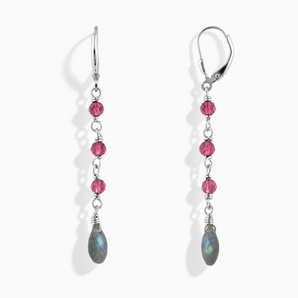 925 Sterling Silver Freeform Pink Tourmaline & Labradorite Linked Dangle Earrings - Trailing Whispers Front View