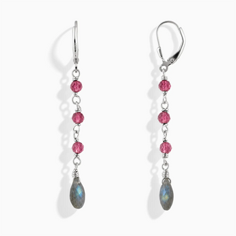 925 Sterling Silver Freeform Pink Tourmaline & Labradorite Linked Dangle Earrings - Trailing Whispers Front View