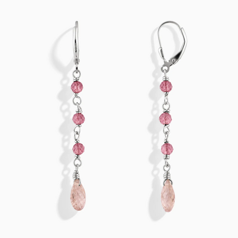925 Sterling Silver Freeform Pink Tourmaline & Morganite Linked Dangle Earrings - Trailing Whispers Front View