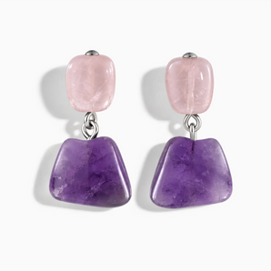 925 Sterling Silver Freeform Rose Quartz & Amethyst Stud Earrings - Linked Fate Front View