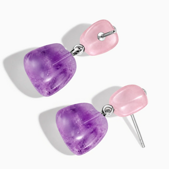 925 Sterling Silver Freeform Rose Quartz & Amethyst Stud Earrings - Linked Fate Side View