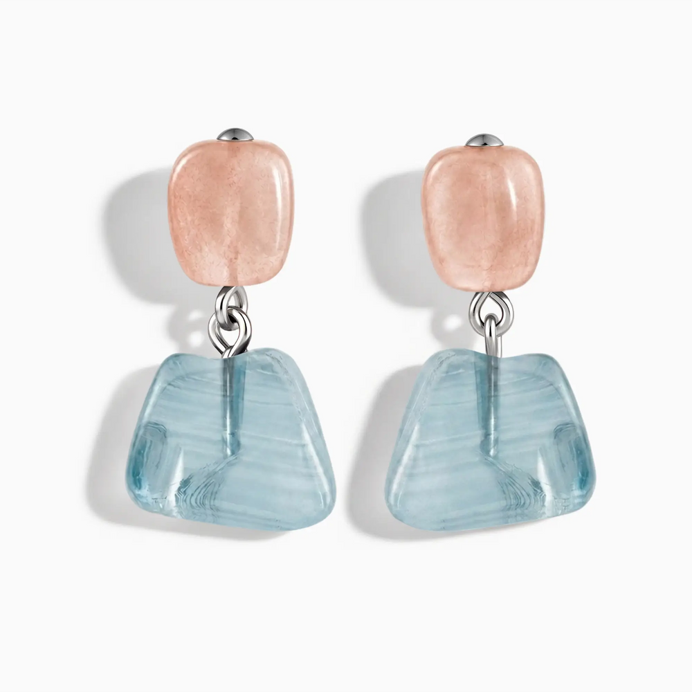 925 Sterling Silver Freeform Rose Quartz & Aquamarine Stud Earrings - Linked Fate Front View