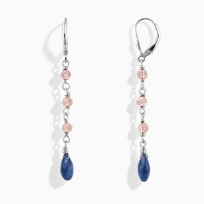 925 Sterling Silver Freeform Rose Quartz & Blue Sapphire Linked Dangle Earrings - Trailing Whispers Front View