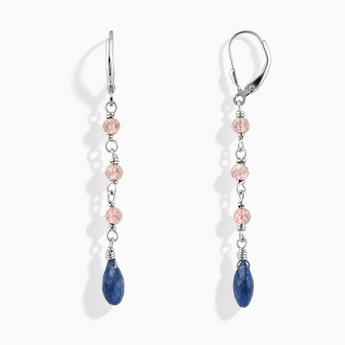 925 Sterling Silver Freeform Rose Quartz & Blue Sapphire Linked Dangle Earrings - Trailing Whispers Front View