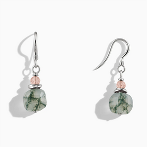 925 Sterling Silver Freeform Rose Quartz & Moss Agate Dangle Earrings - Woven Duet Front View