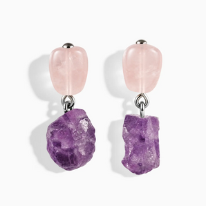 925 Sterling Silver Freeform Rose Quartz & Raw Amethyst Stud Earrings - Tethered Earth Front View