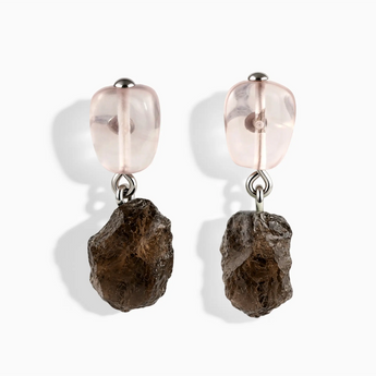 925 Sterling Silver Freeform Rose Quartz & Raw Smoky Quartz Stud Earrings - Tethered Earth Front View