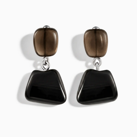 925 Sterling Silver Freeform Smoky Quartz & Black Onyx Stud Earrings - Linked Fate Front View