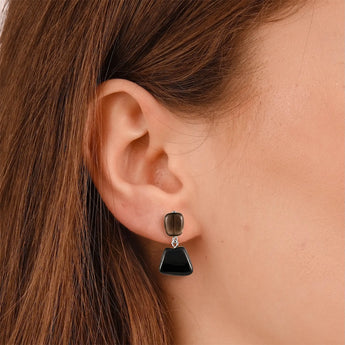 925 Sterling Silver Freeform Smoky Quartz & Black Onyx Stud Earrings - Linked Fate Model Shot