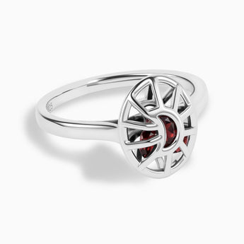 925 Sterling Silver Garnet Crescent Moon Hollow Oval Shaker Ring - Soul Cage Angled Front View