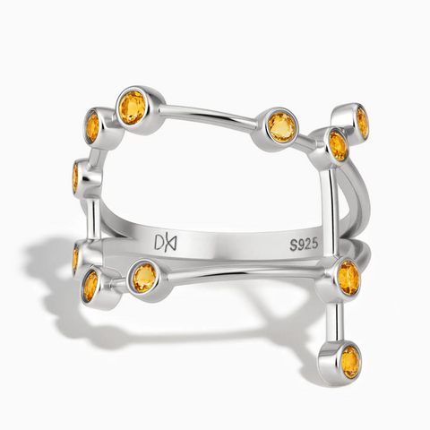 925 Sterling Silver Gemini Zodiac Constellation Ring - Citrine Front View