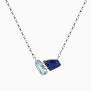 925 Sterling Silver Geometric Aquamarine & Blue Sapphire Necklace - Twofold Glow Front View
