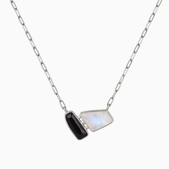 925 Sterling Silver Geometric Black Onyx & Moonstone Necklace - Twofold Glow Front View