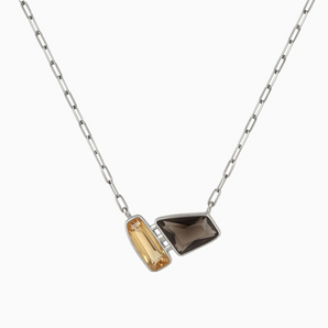 925 Sterling Silver Geometric Citrine & Smoky Quartz Necklace - Twofold Glow Front View