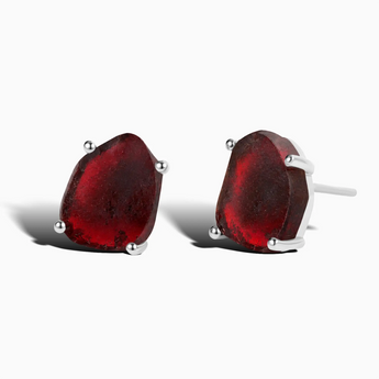 925 Sterling Silver Geometric Freeform Garnet Stud Earrings - Facet Prism Front View