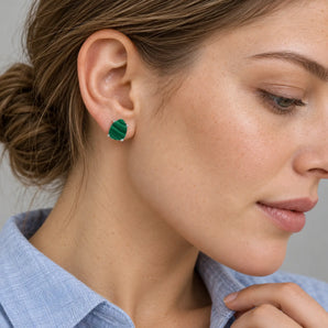 925 Sterling Silver Geometric Freeform Malachite Stud Earrings Facet Prism Model Shot
