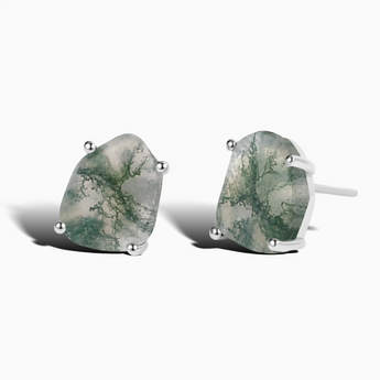 925 Sterling Silver Geometric Freeform Moss Agate Stud Earrings - Facet Prism Front View