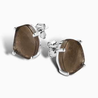 925 Sterling Silver Geometric Freeform Smoky Quartz Stud Earrings - Facet Prism Side View