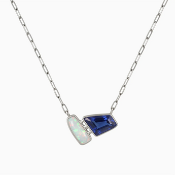 925 Sterling Silver Geometric Opal & Blue Sapphire Necklace - Twofold Glow Front View