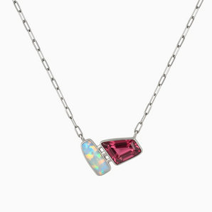 925 Sterling Silver Geometric Opal & Pink Tourmaline Necklace - Twofold Glow Front View