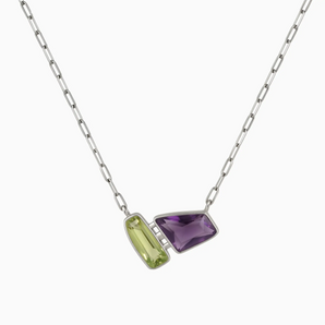 925 Sterling Silver Geometric Peridot & Amethyst Necklace - Twofold Glow Front View