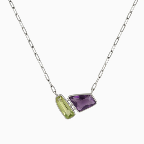 925 Sterling Silver Geometric Peridot & Amethyst Necklace - Twofold Glow Front View
