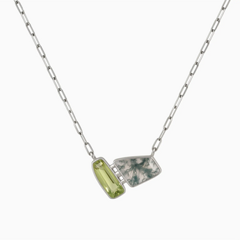 925 Sterling Silver Geometric Peridot & Moss Agate Necklace - Twofold Glow Front View