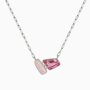 925 Sterling Silver Geometric Rose Quartz & Pink Tourmaline Necklace - Twofold Glow Front View