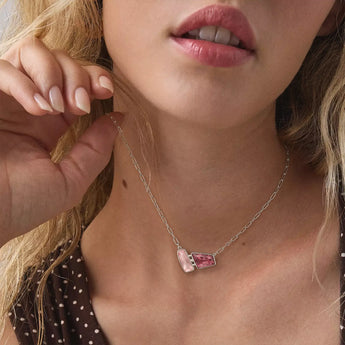 925 Sterling Silver Geometric Rose Quartz & Pink Tourmaline Necklace - Twofold Glow Worn View