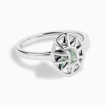 925 Sterling Silver Green Amethyst Crescent Moon Hollow Oval Shaker Ring - Soul Cage Angled Front View