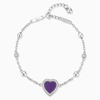 925 Sterling Silver Halo Heart Amethyst Station Bracelet - Sweet Love Front View