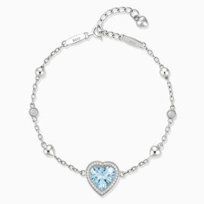 925 Sterling Silver Halo Heart Aquamarine Station Bracelet - Sweet Love Front View