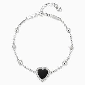 925 Sterling Silver Halo Heart Black Onyx Station Bracelet - Sweet Love Front View