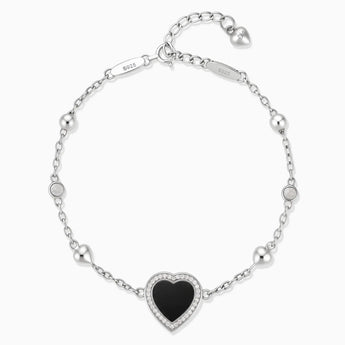 925 Sterling Silver Halo Heart Black Onyx Station Bracelet - Sweet Love Front View