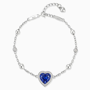925 Sterling Silver Halo Heart Blue Sapphire Station Bracelet - Sweet Love Front View