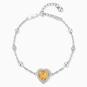 925 Sterling Silver Halo Heart Citrine Station Bracelet - Sweet Love Front View