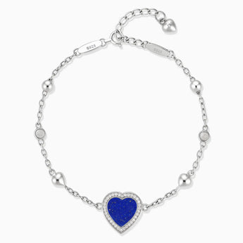 925 Sterling Silver Halo Heart Lapis Lazuli Station Bracelet - Sweet Love Front View