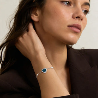 925 Sterling Silver Halo Heart London Blue Topaz Station Bracelet - Sweet Love Worn View