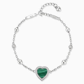 925 Sterling Silver Halo Heart Malachite Station Bracelet - Sweet Love Front View