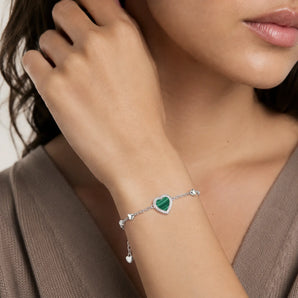 925 Sterling Silver Halo Heart Malachite Station Bracelet - Sweet Love Worn View