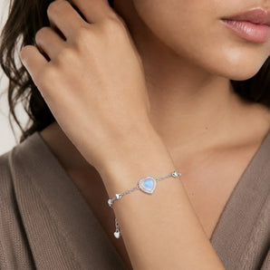 925 Sterling Silver Halo Heart Moonstone Station Bracelet - Sweet Love Worn View
