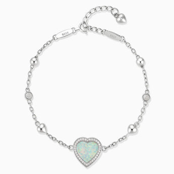 925 Sterling Silver Halo Heart Opal Station Bracelet - Sweet Love Front View