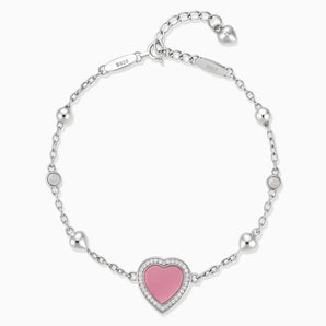 925 Sterling Silver Halo Heart Pink Tourmaline Station Bracelet - Sweet Love Front View