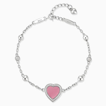 925 Sterling Silver Halo Heart Pink Tourmaline Station Bracelet - Sweet Love Front View