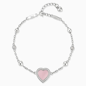 925 Sterling Silver Halo Heart Rose Quartz Station Bracelet - Sweet Love Front View