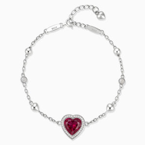 925 Sterling Silver Halo Heart Ruby Station Bracelet - Sweet Love Front View