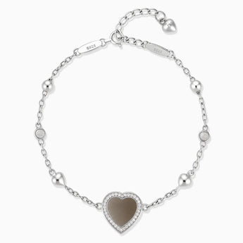 925 Sterling Silver Halo Heart Smoky Quartz Station Bracelet - Sweet Love Front View