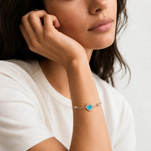 925 Sterling Silver Halo Heart Turquoise Station Bracelet - Sweet Love Worn View