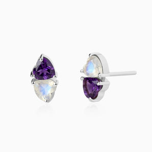 925 Sterling Silver Heart Amethyst & Moonstone Toi et Moi Stud Earrings - Duality Front View